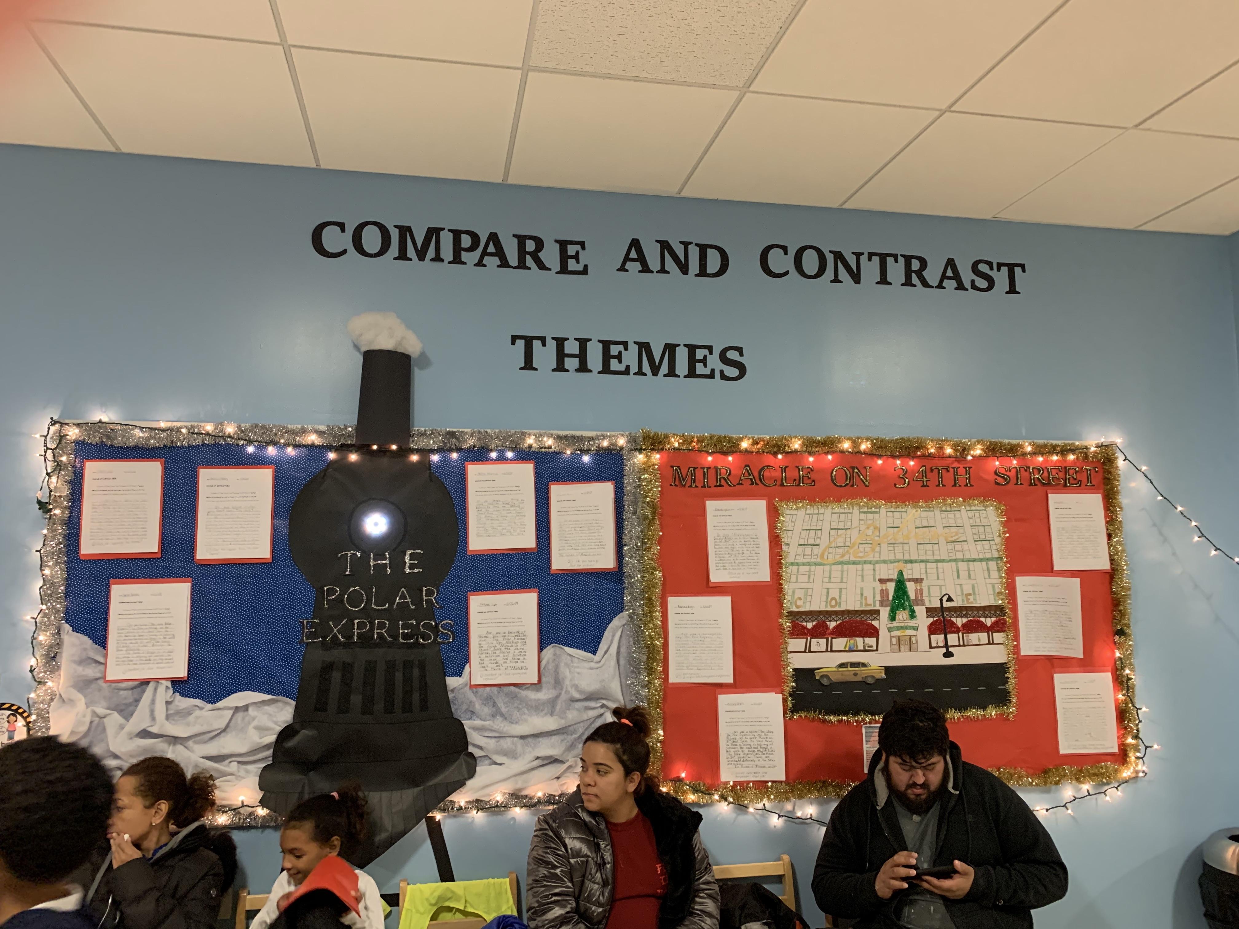 compare contrast bulletin board display of the polar express and miracle on 34th Street student work with parents sitting in front