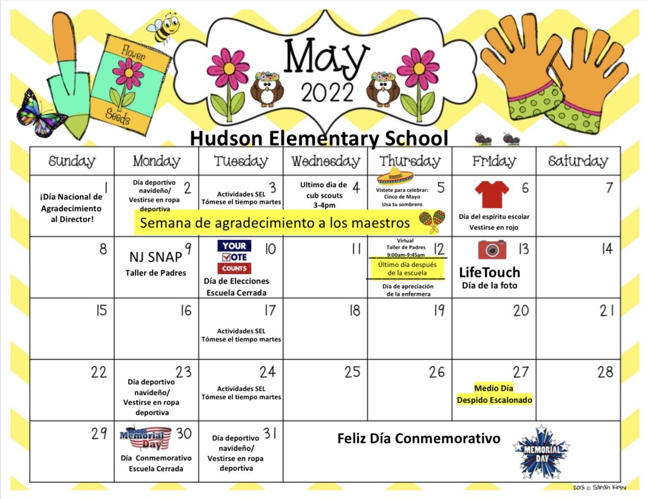 May Calendar-Hudson School-Spanish