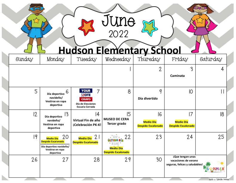 June 2022 Calendar-Henry Hudson School-Spanish