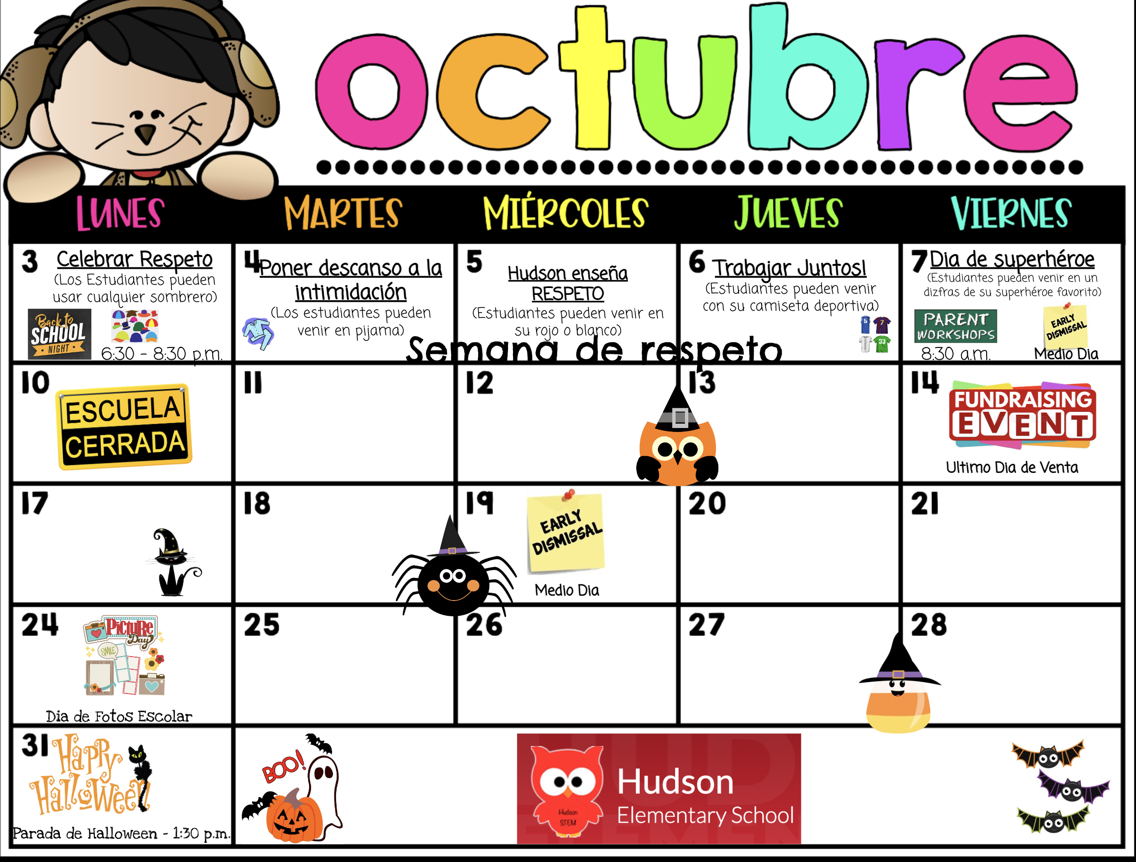 Hudson School October Calendar-Spanish