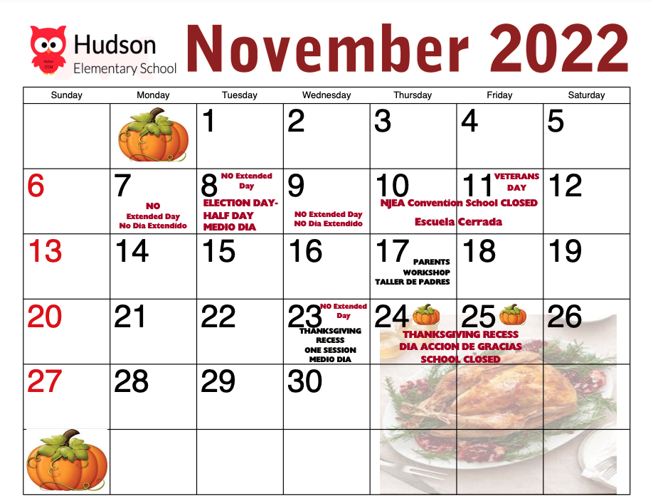 November 2022 Calendar-Henry Hudson School