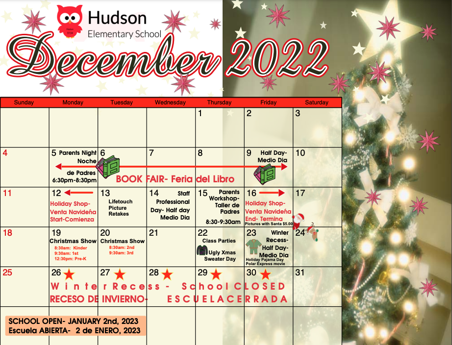 Hudson School Calendar-December 2022